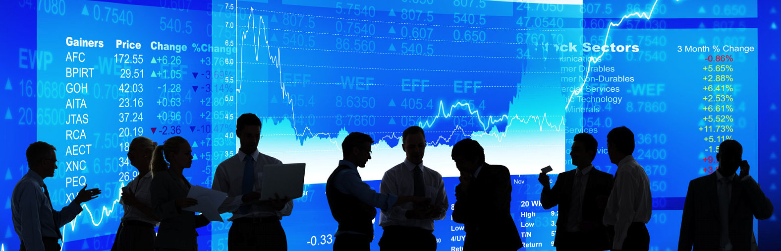 group of people with blue background