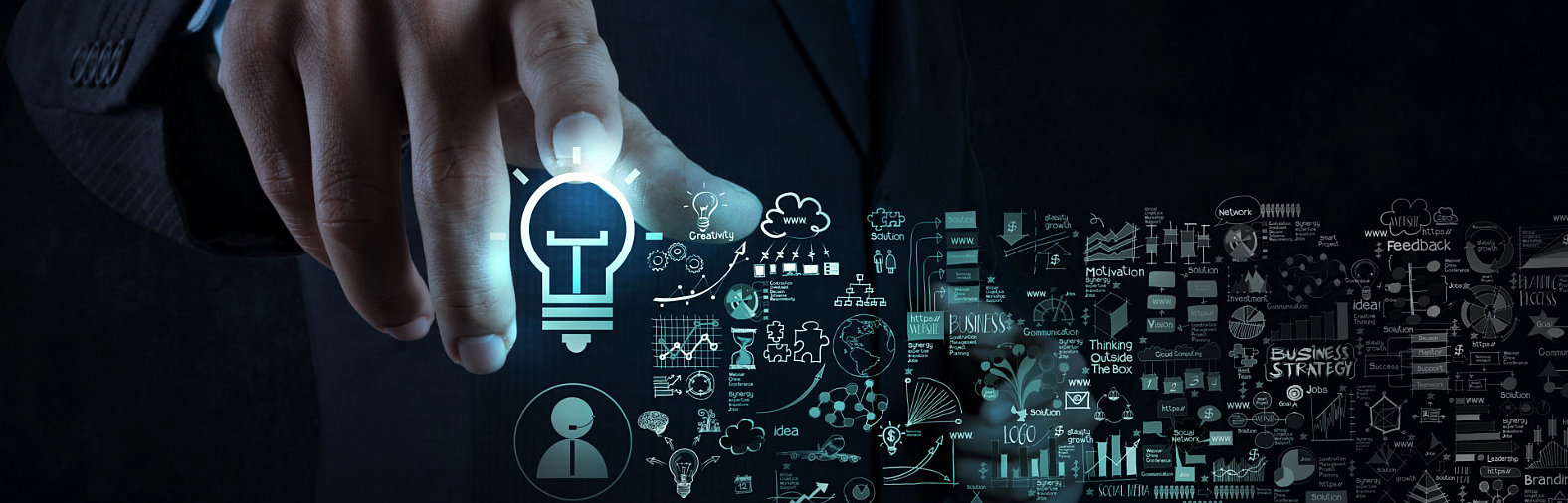 man's hands pointing to a lightbulb